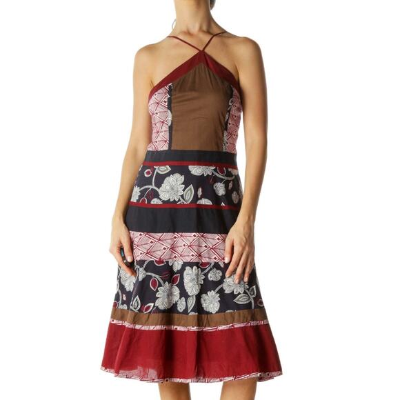 BCBGMaxAzria Patchwork Floral Halter Midi Dress Red - Picture 2 of 11